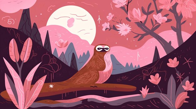 A cartoon illustration of a red lemur with a pink background and a pink background.