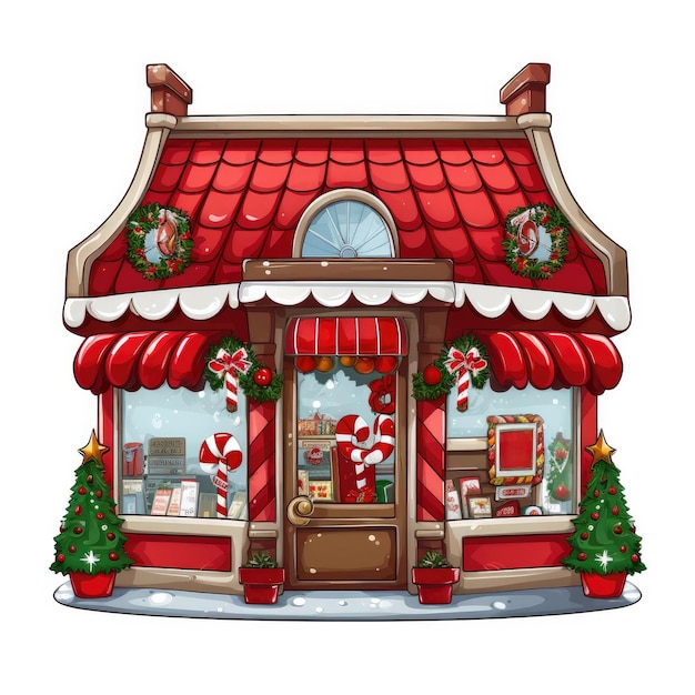 Cartoon illustration of a red and white Christmas store on a white background