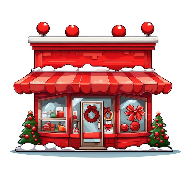 Cartoon illustration of a red and white Christmas store on a white background