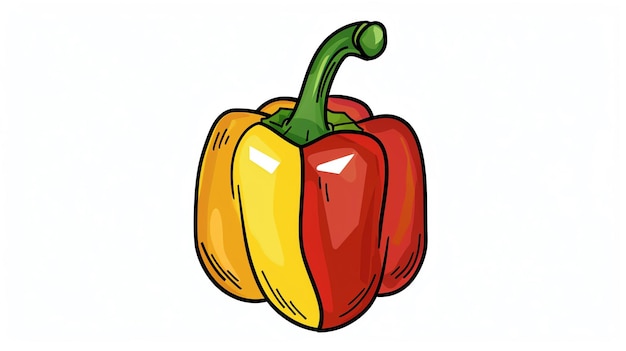 A cartoon illustration of a red and yellow bell pepper The pepper is facing forward and has a green stem