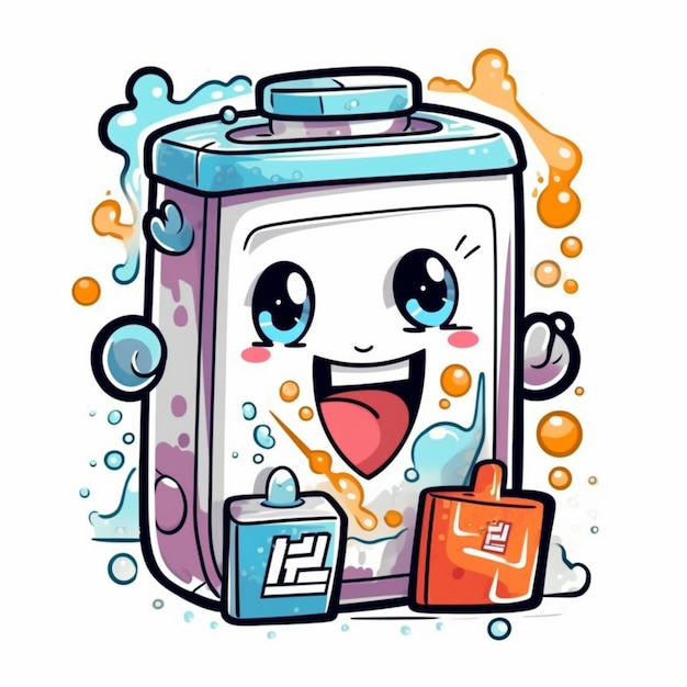 cartoon illustration of a refrigerator with a happy face and a bag generative ai