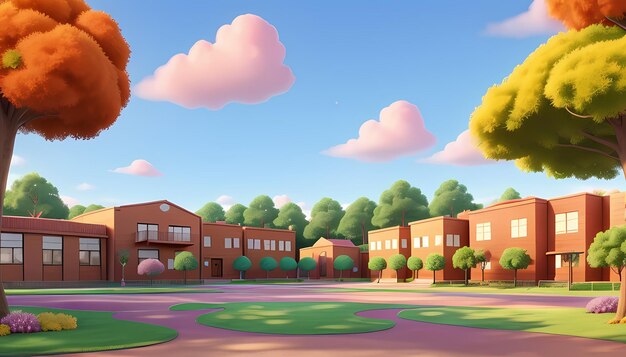 a cartoon illustration of a residential area with a tree and houses.