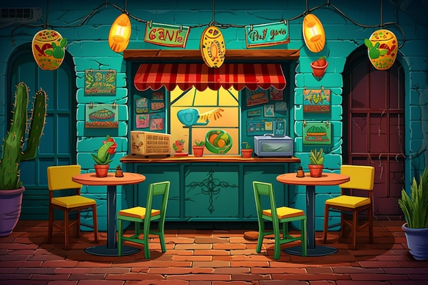 Foto un'illustrazione a cartone animato di un ristorante con un cartello che dice ok