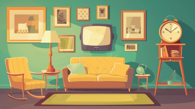 Photo cartoon illustration of a retro lounge with television screen carpet lamp and picture frames on a green wall modern illustration of vintage interior of a living room with couch armchair clock