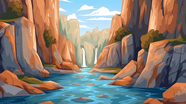 A cartoon illustration of a river in a canyon with rocks generative ai