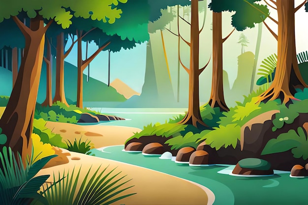 A cartoon illustration of a river in a forest with a green tree and a river.