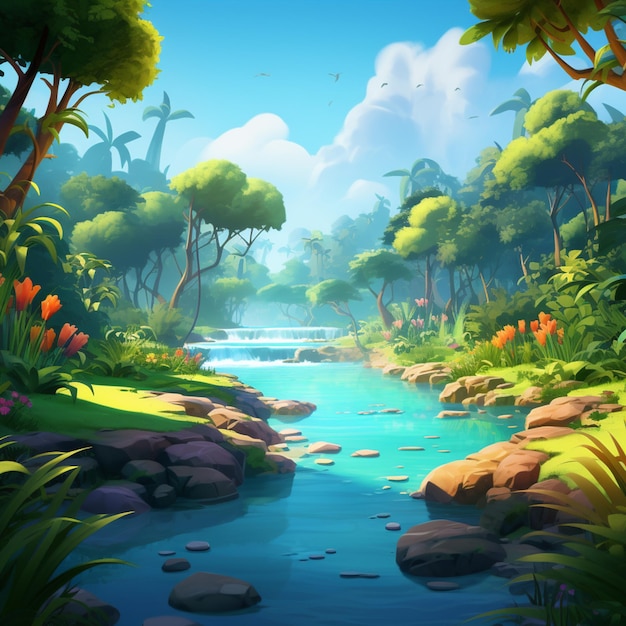 Cartoon illustration of a river in a tropical jungle with rocks and trees generative ai