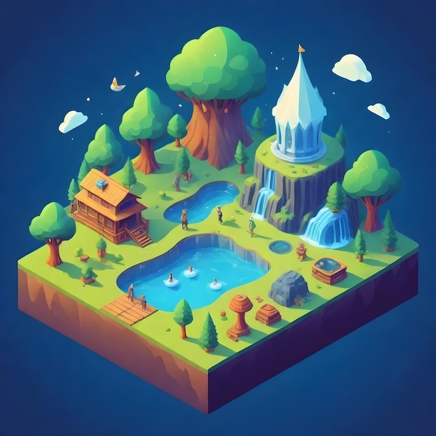 мультфильмная иллюстрация реки с домом и деревьями