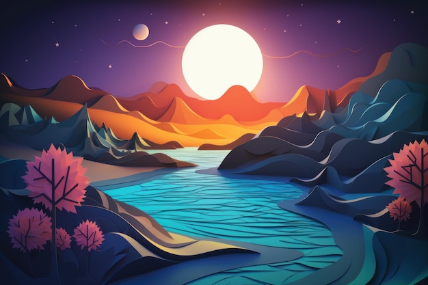 A cartoon illustration of a river with a moon and stars.