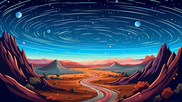 A cartoon illustration of a road going through a desert with mountains and stars generative ai