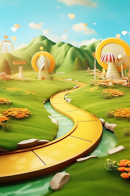 Foto illustrazione di un cartone animato di una strada che attraversa un campo verde con un percorso giallo generativo ai