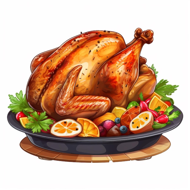 a cartoon illustration of a roasted turkey on a platter with fruit and vegetables generative ai