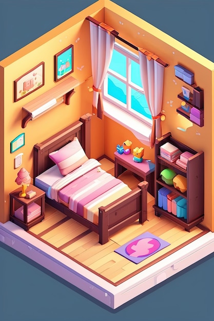 мультяшная иллюстрация комнаты с кроватью и окном.