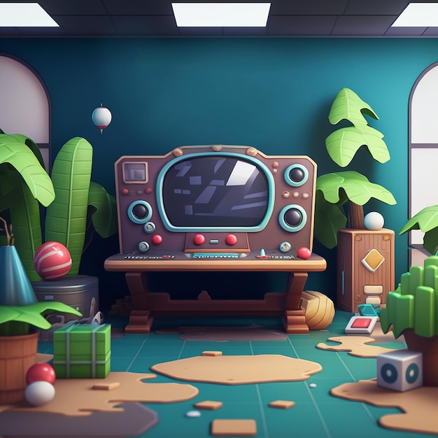 a cartoon illustration of a room with a tv set and a box with a tv on it.