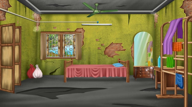 a cartoon illustration of a room with a window and a bird flying in the background