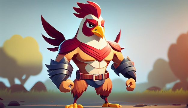 Cartoon illustration of a rooster in armor standing in a field generative ai