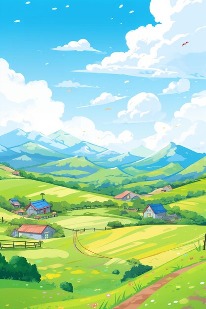Cartoon illustration of a rural landscape with a farm and a horse generative ai