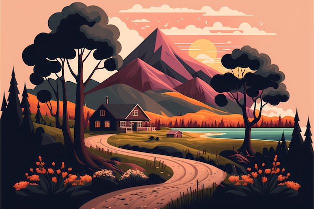 Photo a cartoon illustration of a rural landscape with mountains and a house in the background.