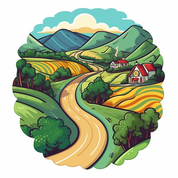 a cartoon illustration of a rural landscape with a road and a house generative ai