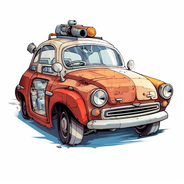 cartoon illustration of a rusted out car with a camera on top generative ai