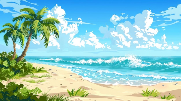 Карикатурная иллюстрация песчаного пляжа на летнем острове в море с экзотическими пальмами Leylandii растения зеленая трава океан волны мыть побережье и голубое небо с облаками