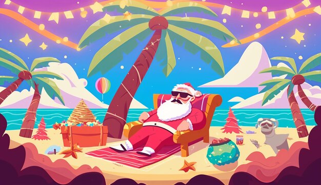 Photo a cartoon illustration of santa claus on a beach with a palm tree in the background.