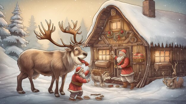 A cartoon illustration of santa claus and reindeer in front of a house.