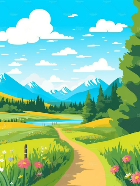 A cartoon illustration of a scenic country road with mountains in the background generative ai