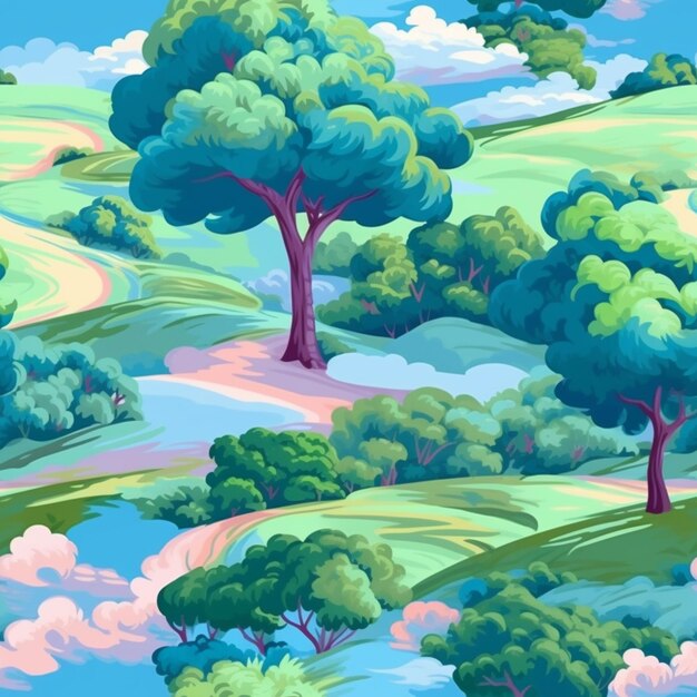 A cartoon illustration of a scenic landscape with trees and a path generative ai