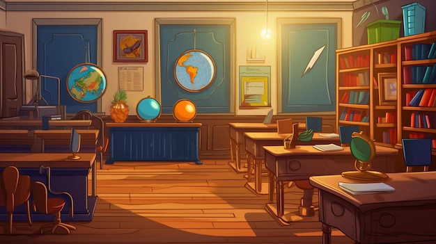 Cartoon illustration of a school books and desks generative ai