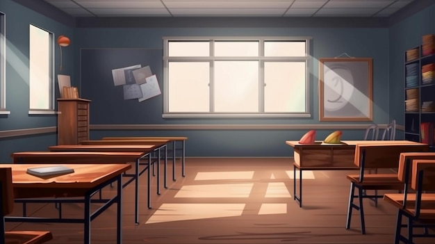 Cartoon illustration of a school books and desks generative ai