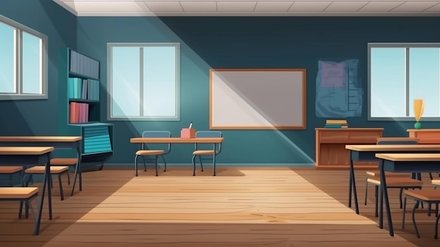 Cartoon illustration of a school books and desks generative ai