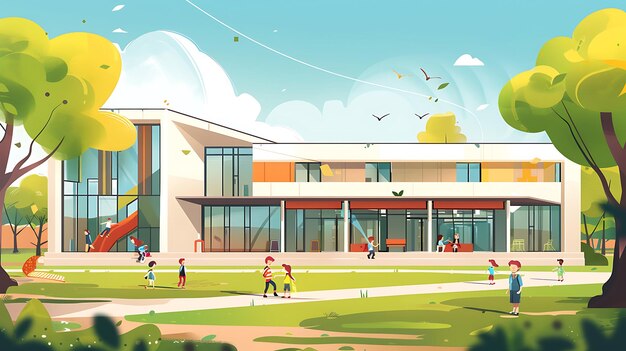Photo a cartoon illustration of a school building with a lot of people in the background
