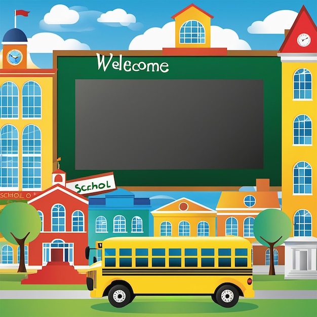 학교에 오신 것을 환영합니다라는 현수막이 달린 스쿨버스의 만화 삽화.