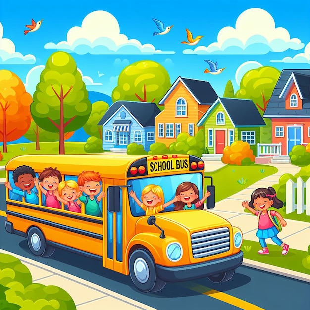 Photo a cartoon illustration of a school bus with children on the front