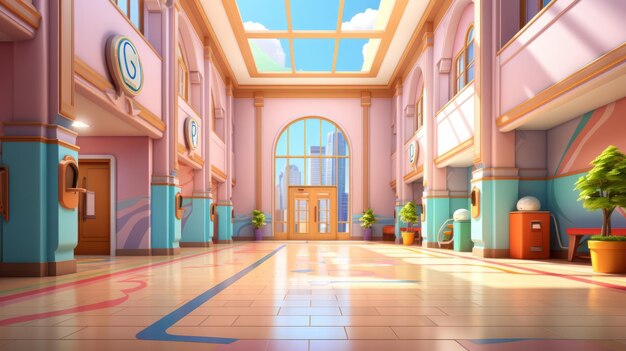 Photo cartoon illustration of a school hallway