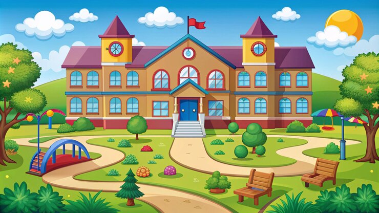 Photo a cartoon illustration of a school with a blue door and a red flag