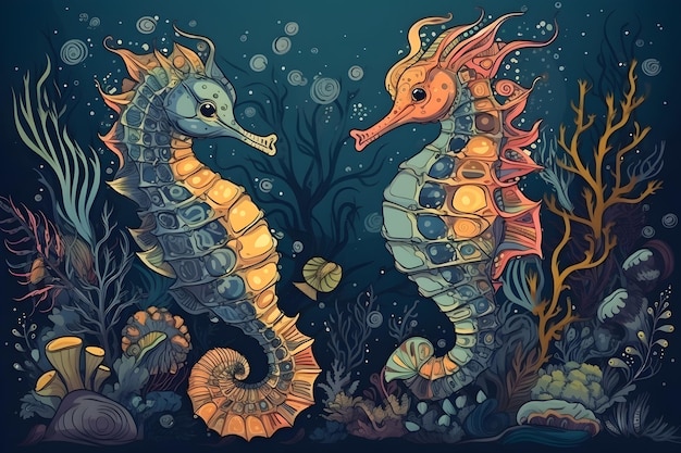 A cartoon illustration of seahorses in a blue background