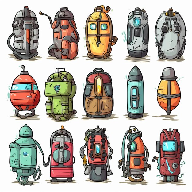 Photo cartoon illustration of a set of different types of backpacks generative ai