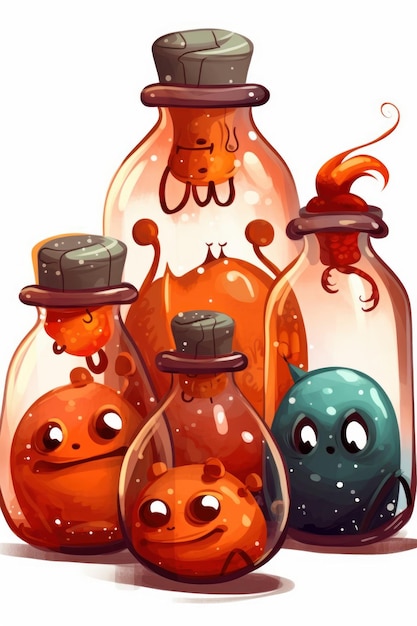 Cartoon illustration of set of glass bottles with bugs inside