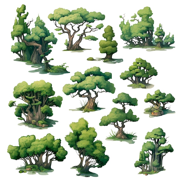 Foto set di illustrazioni di cartoni animati di alberi e cespugli verdi elementi di giardino forestale