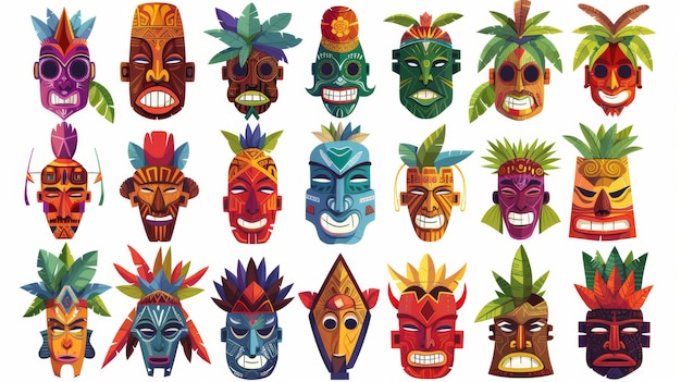 A cartoon illustration set of polynesian or african traditional wooden faces with leaves and feathers An ancient culture ritual element