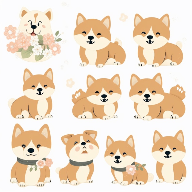 A cartoon illustration of shiba inu puppies with flowers.