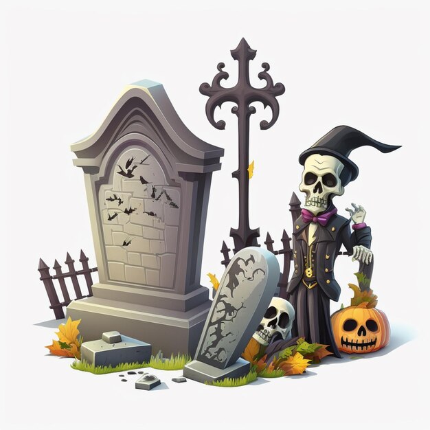 Cartoon illustration of a skeleton in a black hat and a black robe standing next to a grave generative ai