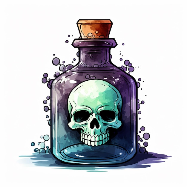 cartoon illustration of a skull in a bottle with bubbles generative ai