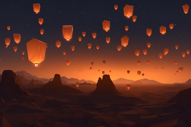 A cartoon illustration of a sky full of lanterns floating above a desert.