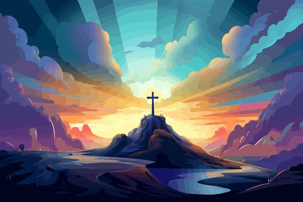 Cartoon illustration of a sky over golgotha hill is shrouded in majestic light and clouds revealing the holy cross symbol