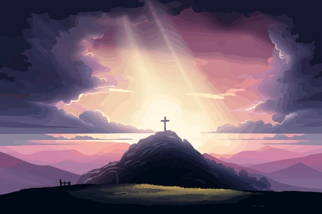 Cartoon illustration of a sky over golgotha hill is shrouded in majestic light and clouds revealing the holy cross symbol