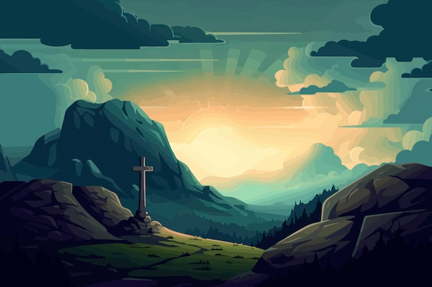 ゴルゴタの丘の上の空の漫画のイラストは、雄大な光と雲に包まれ、聖なる十字架のシンボルを明らかにしています
