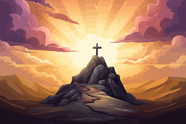 Cartoon illustration of a sky over golgotha hill is shrouded in majestic light and clouds revealing the holy cross symbol